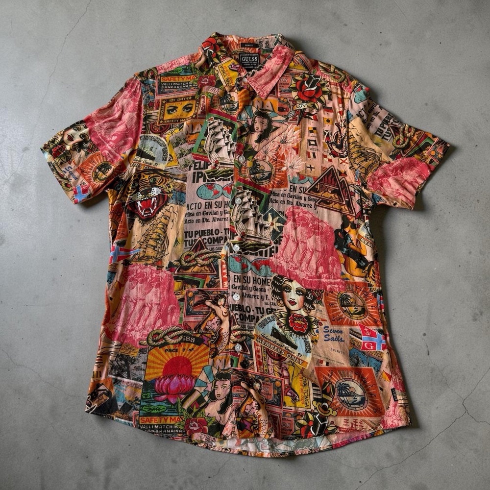 GUESS - Tattoo Nautical PIN UP GIRLS Tiger MERMAID Ship Travel S Hawaiian Shirt